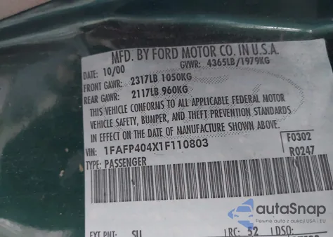 2001 Ford Mustang z USA, uszkodzony, nr VIN 1FAFP404X1F110803